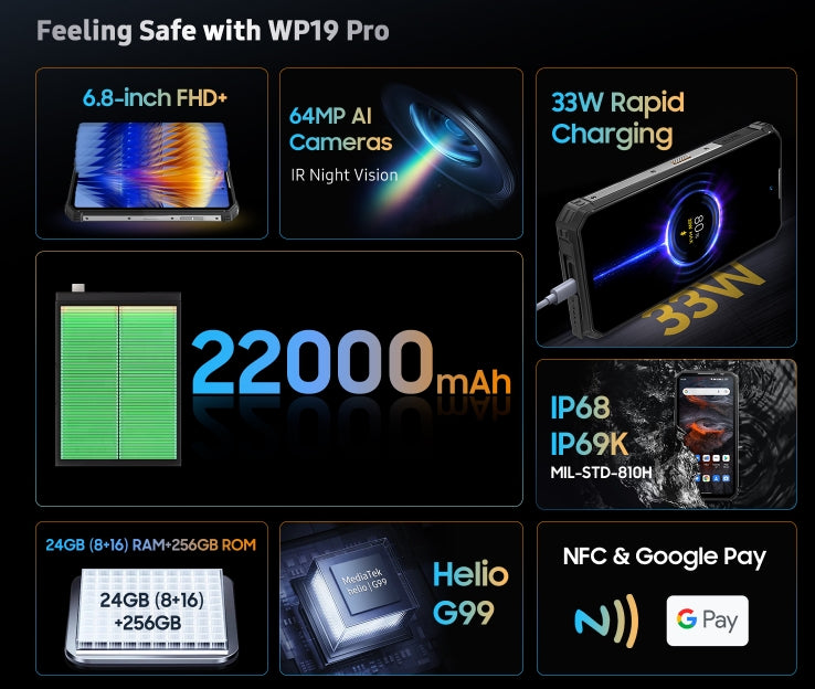 2025 OUKITEL WP19 PRO Smartphone CPU G99 120Hz 6,8 polegadas Smartphone 4G de três provas super econômico 8 GB de RAM 256 GB de ROM 【Impostos incluídos】