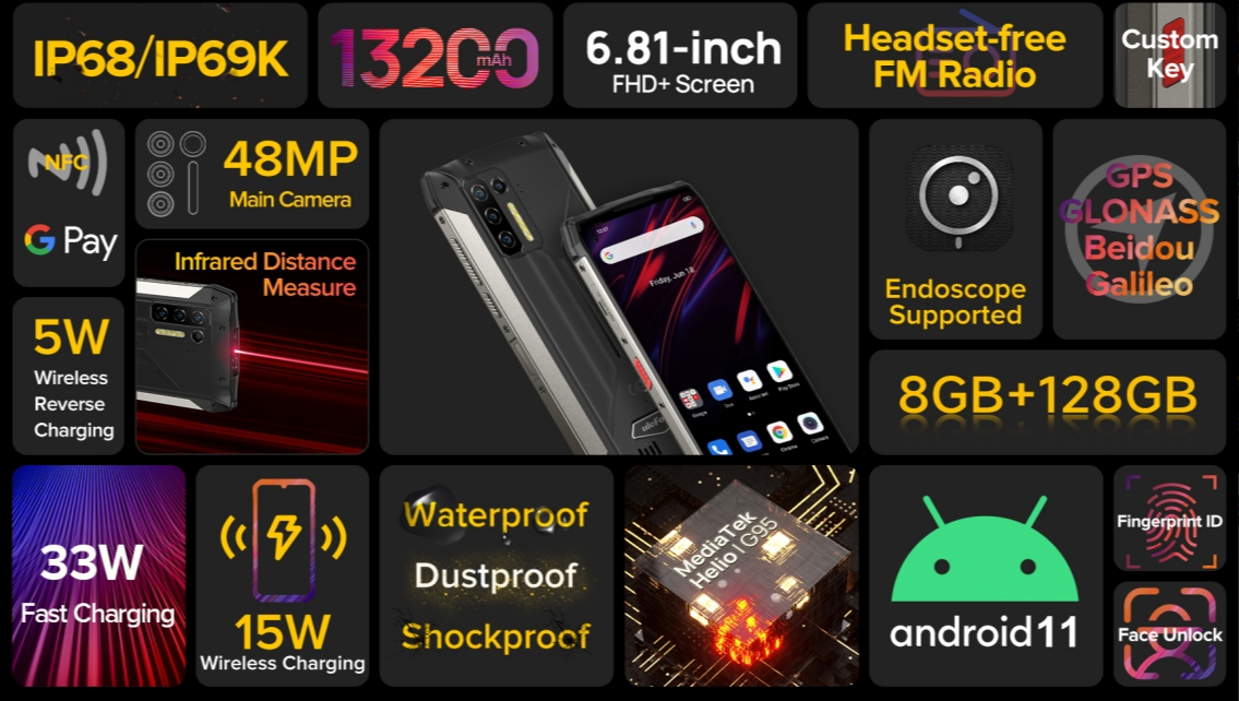 ULEFONE POWER ARMOR 13 CPU HELIO G95 120HZ 6,81 polegadas 4G Banda de frequência global 13200mAh Ultra grande Bateria NFC Smartphone de três provas de 8 GB de RAM 256 GB ROM 【Impostos incluídos】