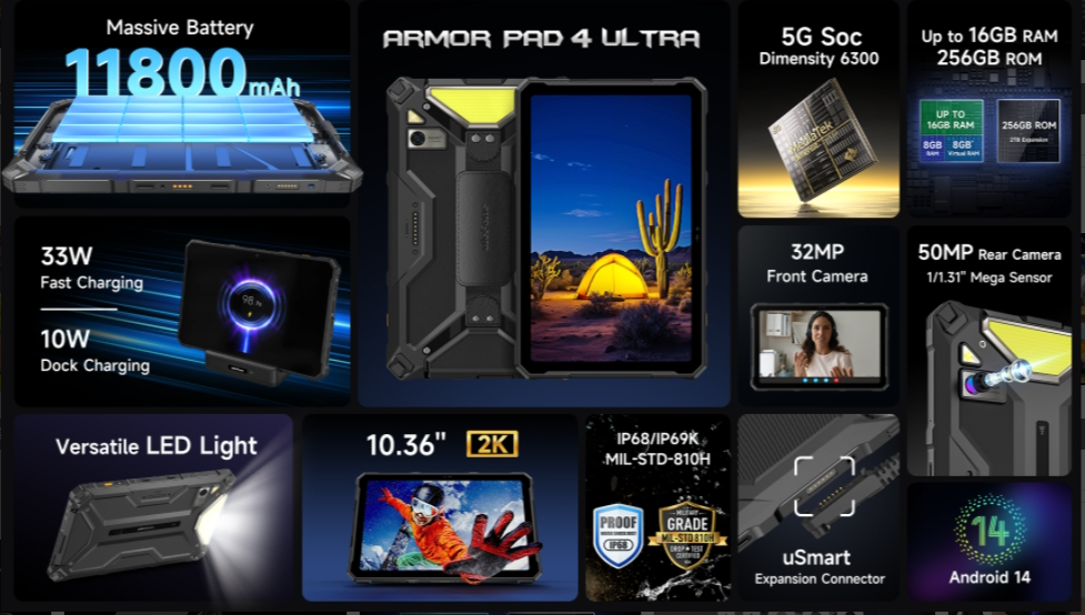 Ulefone ARMOR PAD 4 ULTRA CPU Dimensão 6300 120Hz 10,36 polegadas 5G banda de frequência global três prova tablet inteligente multifuncional luz LED 11800mAh tela 2K 8GB RAM 256GB ROM 【Impostos incluídos】