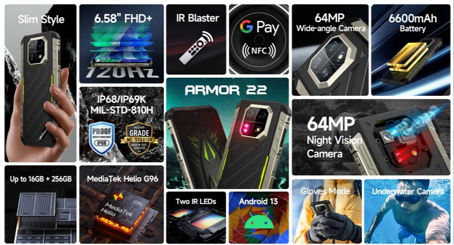 ULEFONE ARMOR 22 HELIO G96 120HZ 6,58 polegadas NetCom Full Alto custo-benefício 4G três provas Smartphone 8GB RAM 128/256 GB ROM 【Impostos incluídos】