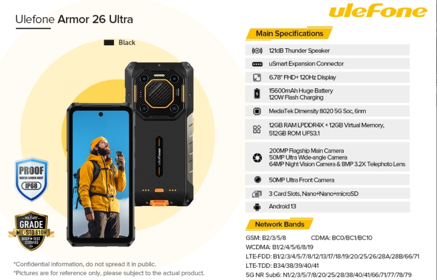 ULEFONE ARMOR 26 ULTRA SENTRO INTERCOM, CPU Dimensidade 8020 120Hz 6,78 polegadas 5G Banda de frequência global 12+12+512g Memória Anti-roubo 200 milhões de fase elemento 15600mAh Bateria de três provas do smartphone de prova 【Impostos incluídos】