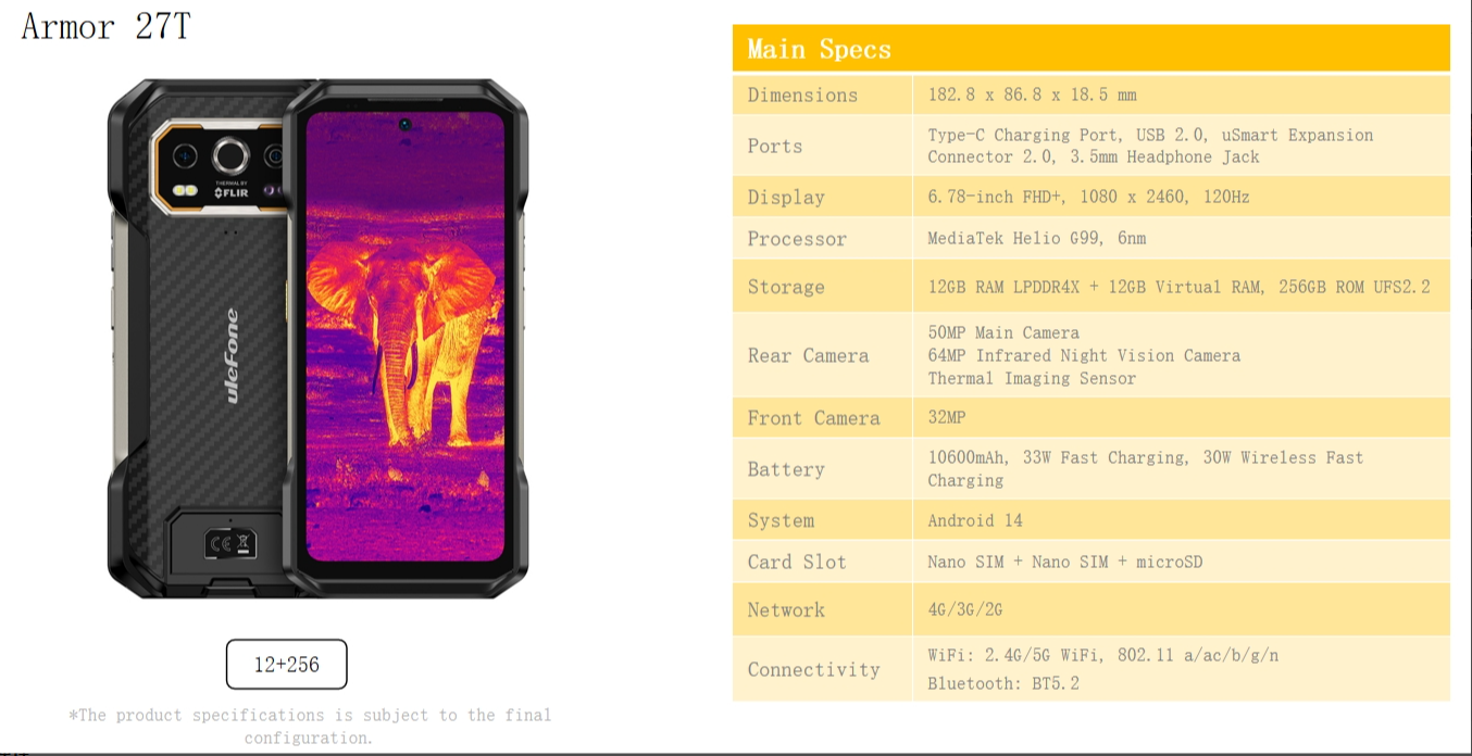 Ulefone ARMOR 27T CPU Helio G99 120Hz 6,78 polegadas Banda de frequência global 4G Imagem térmica Smartphone NFC de 6,78 polegadas com três provas 12 GB de RAM 256 GB de ROM 【Impostos incluídos】