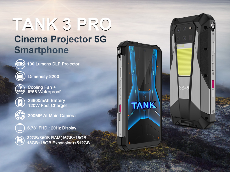 8849 TANK 3 PRO Dimensão da CPU 8200 120Hz 6,79 polegadas Projetor de banda de frequência global 5G Luz de acampamento Bateria super grande de 23800mAh Smartphone triplo 16/18GB RAM 512GB RO